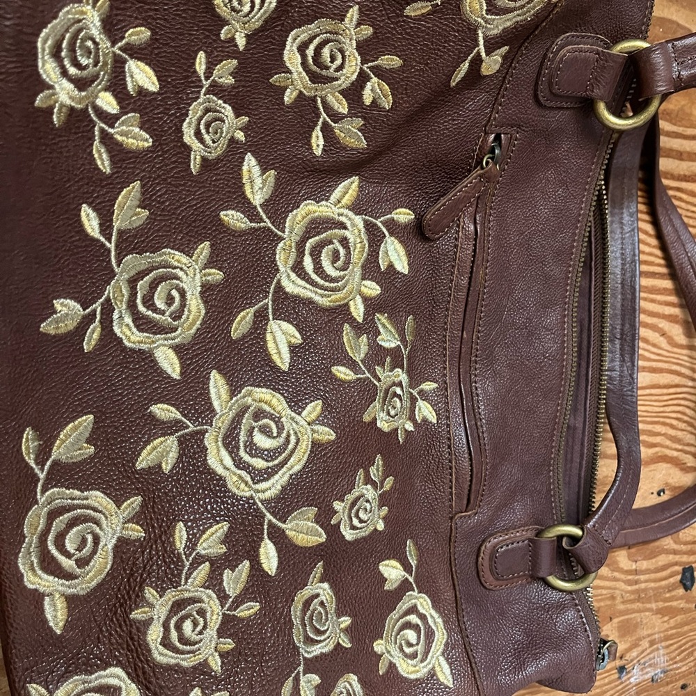 Gold embroidered brown faux leather bag - Picture 6 of 6